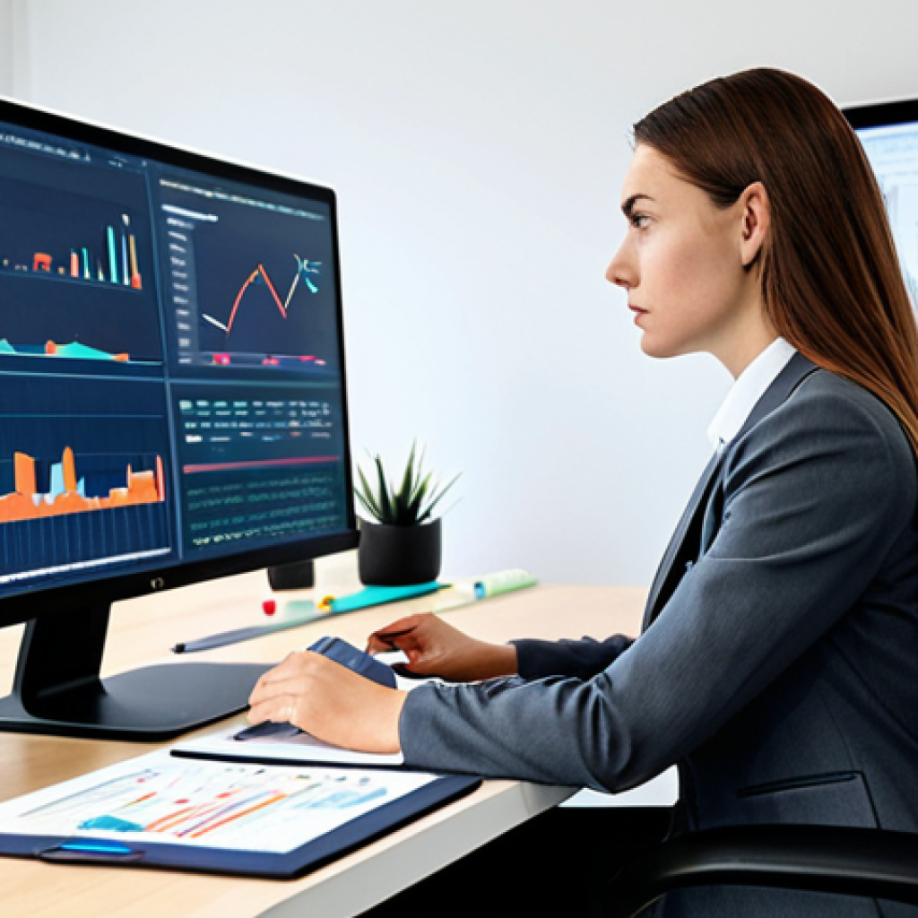 A professional female digital marketing strategist, shown in a mid-shot, fully clothed in a modest business suit, sitting intently at a sleek, modern office desk. She is deeply engaged with multiple computer screens displaying complex SEO graphs, SEM campaign analytics, and content marketing plans. Her hands are naturally positioned, holding a stylus, indicating deep concentration and strategic thinking. The background is a clean, well-lit contemporary office environment with subtle decorative elements. perfect anatomy, correct proportions, natural pose, well-formed hands, proper finger count, professional photography, high quality, safe for work, appropriate content, fully clothed, professional dress.
