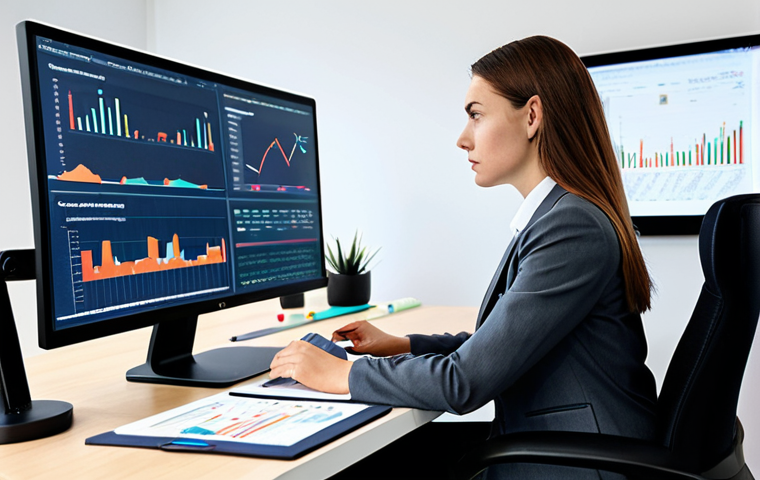 A professional female digital marketing strategist, shown in a mid-shot, fully clothed in a modest business suit, sitting intently at a sleek, modern office desk. She is deeply engaged with multiple computer screens displaying complex SEO graphs, SEM campaign analytics, and content marketing plans. Her hands are naturally positioned, holding a stylus, indicating deep concentration and strategic thinking. The background is a clean, well-lit contemporary office environment with subtle decorative elements. perfect anatomy, correct proportions, natural pose, well-formed hands, proper finger count, professional photography, high quality, safe for work, appropriate content, fully clothed, professional dress.