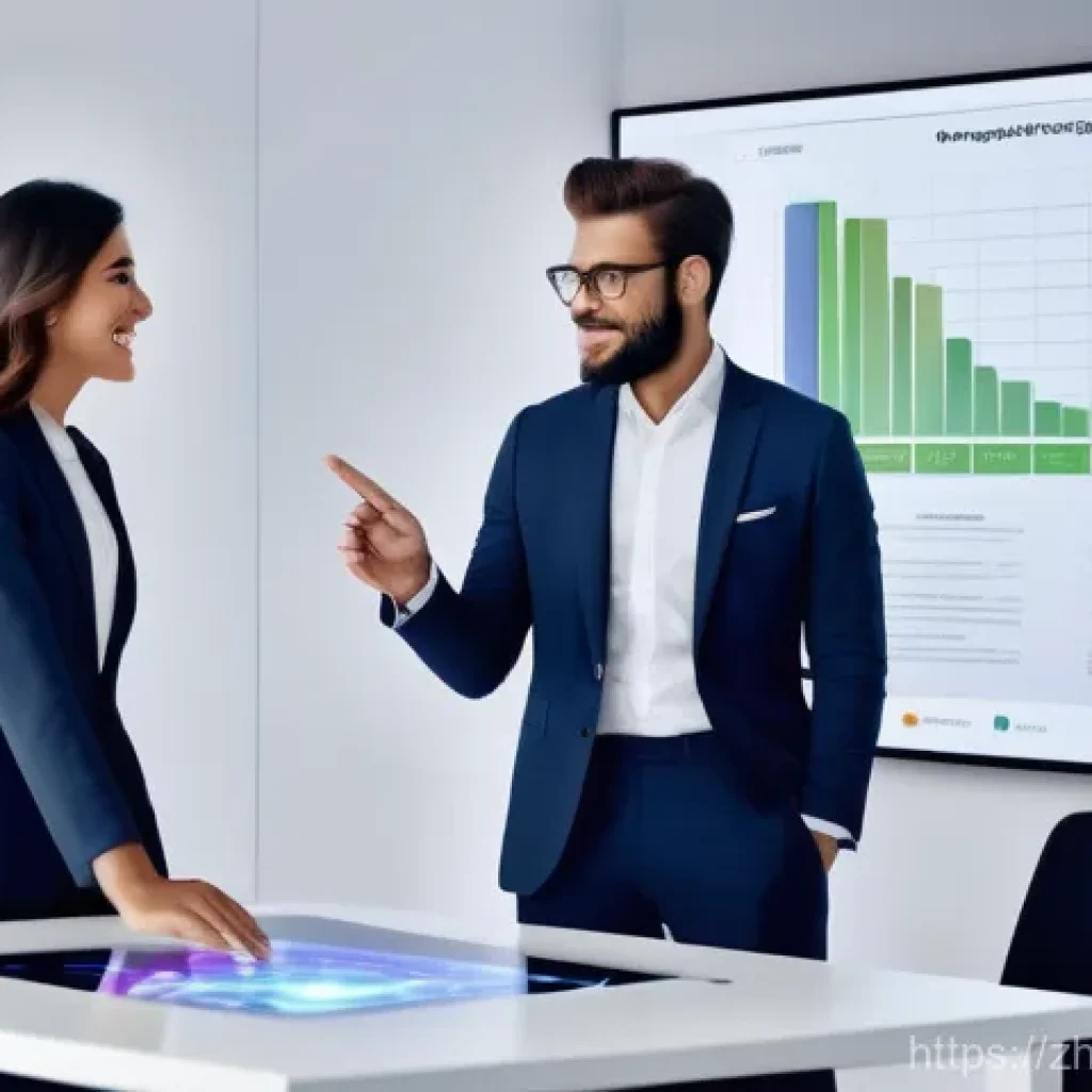 디지털 마케팅 최신 트렌드 분석 - **Prompt: "A sleek, modern office interior with large, interactive holographic displays. A diverse g...