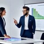 디지털 마케팅 최신 트렌드 분석 - **Prompt: "A sleek, modern office interior with large, interactive holographic displays. A diverse g...