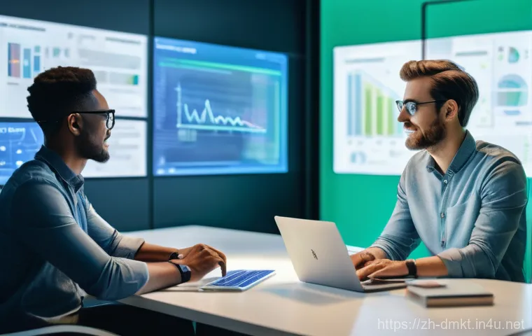 디지털 마케팅 연봉 협상 전략 - **Prompt:** A diverse group of digital marketing professionals, aged 25-40, collaborating in a moder...